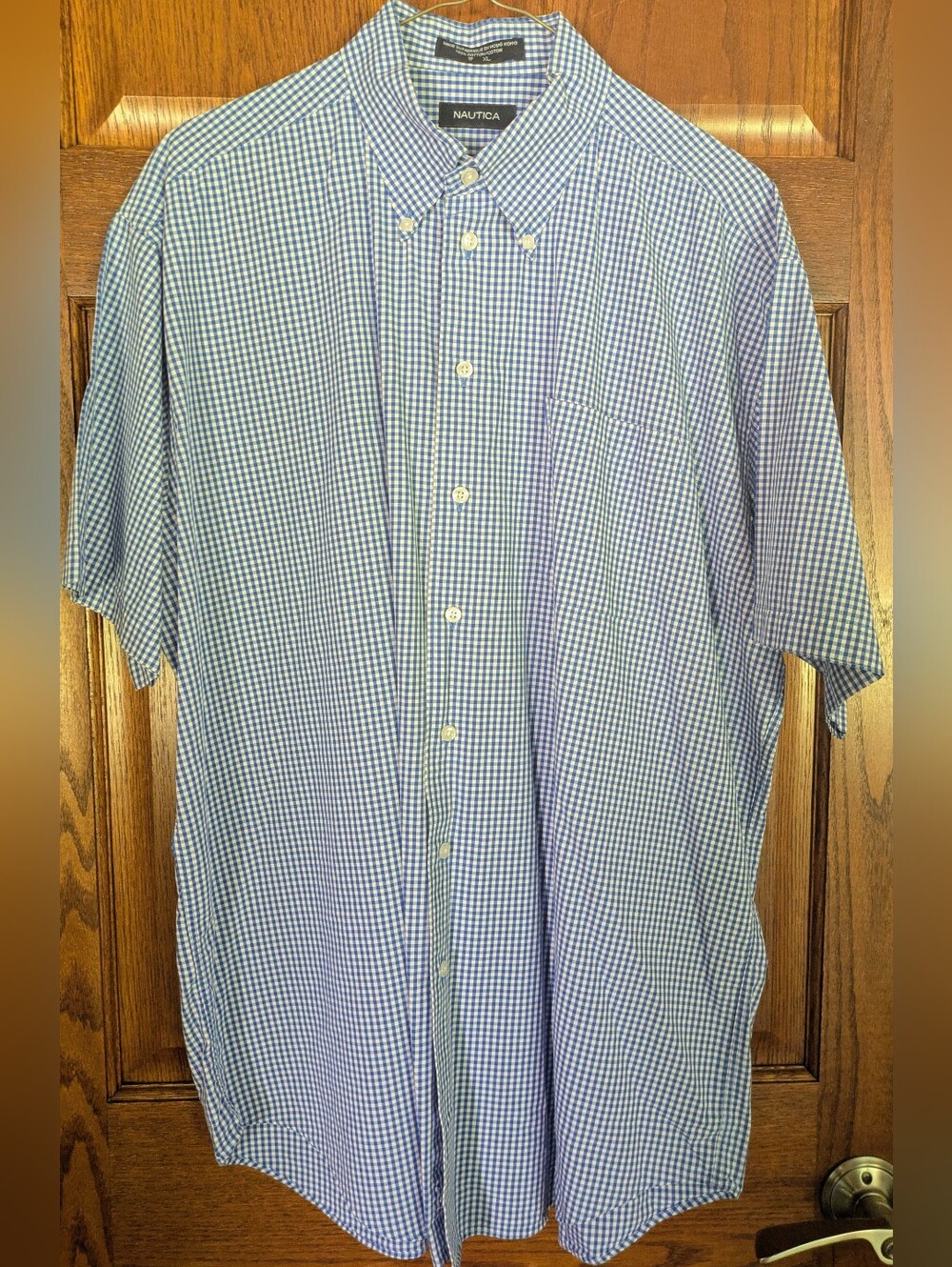 Nautica Blue and White Gingham Short-Sleeve Button-Down Shirt